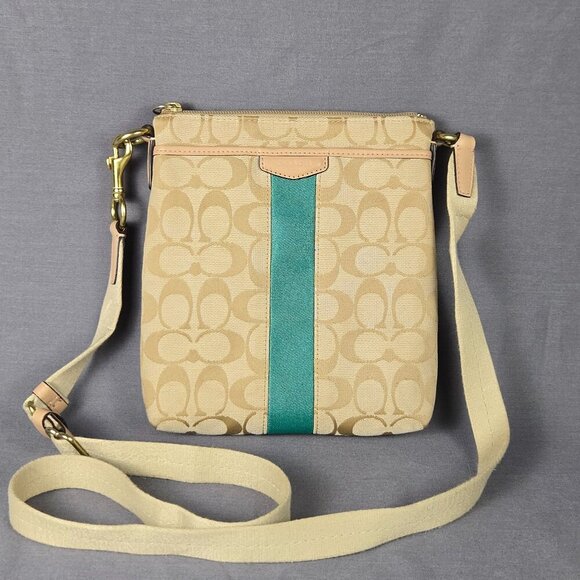 Coach Signature Stripe Swingpack Crossbody Bag F50600 Khaki Emerald Green - Picture 1 of 16